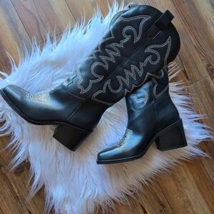 STEVE MADDEN Stampede Black Leather Western Cowboy Boots Size 9.5